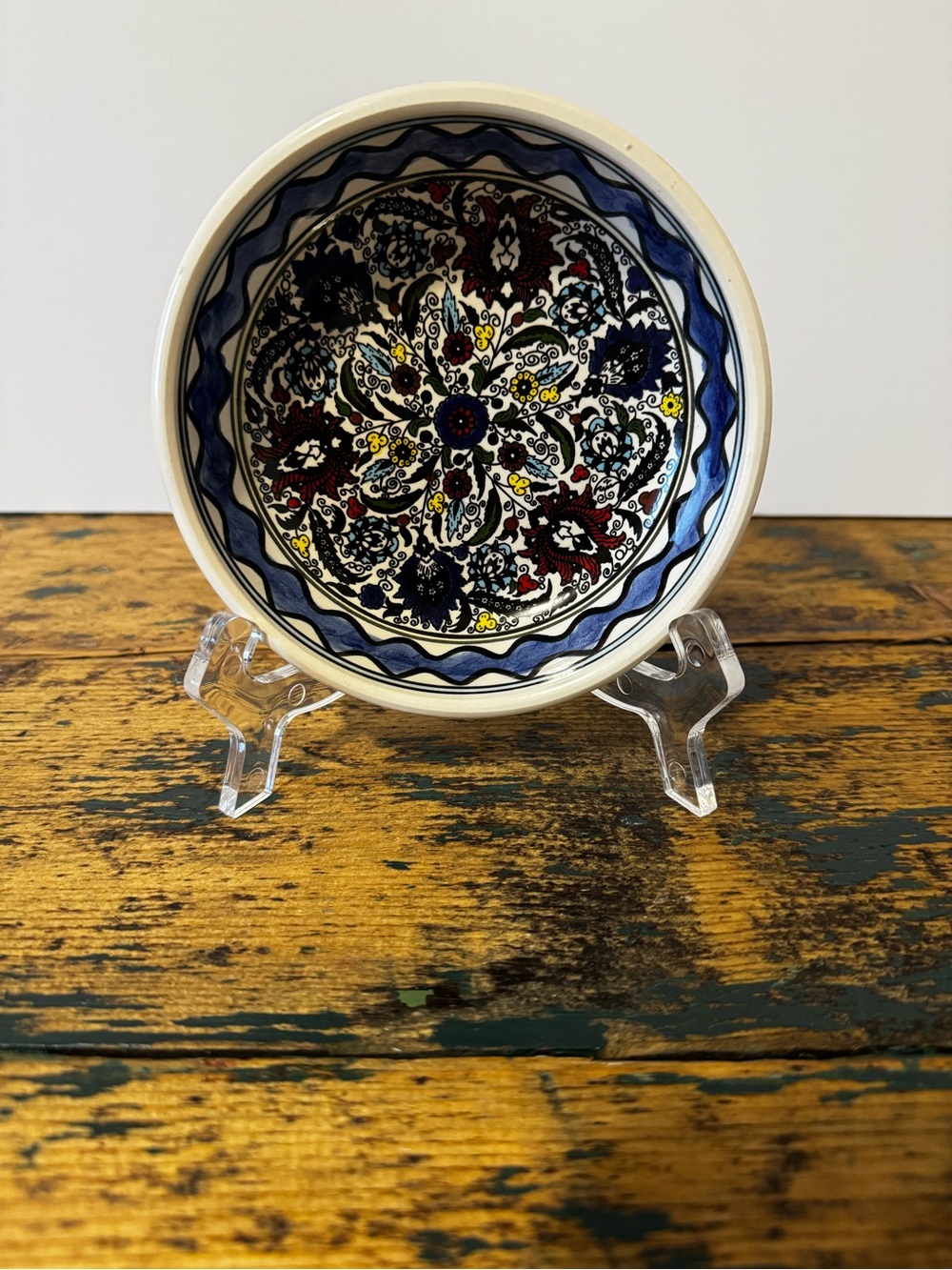 Hand-Painted Ceramic Decorative Plate in Blue, White, Red